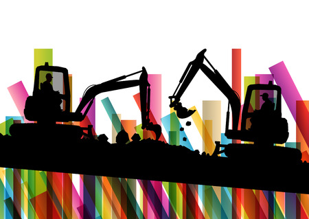 Excavator bulldozer industrial land digging machinery silhouette in abstract construction site business economy background vector concept illustrationのイラスト素材
