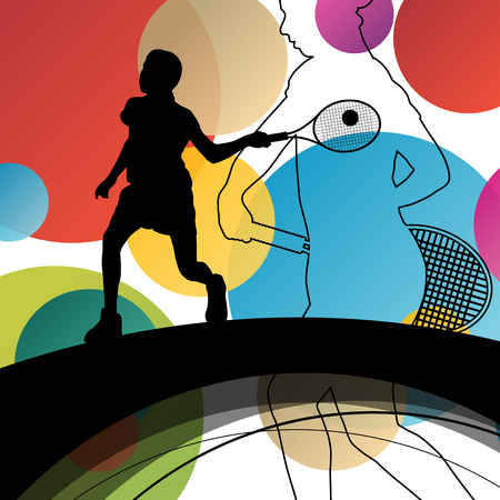 Tennis player women girl silhouettes in abstract sport color background vector illustrationのイラスト素材