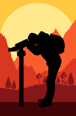 Tourist man looking through coin operated binoculars tower view vector background forest landscapeのイラスト素材