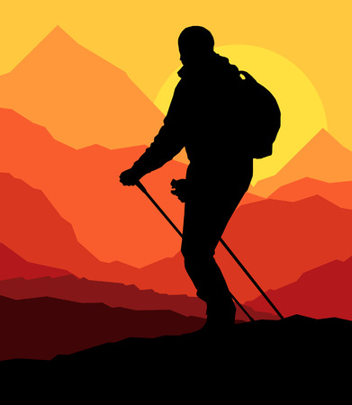 Man hiking in mountains adventure nordic walking with poles in nature vector background illustration landscapeのイラスト素材