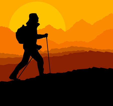 Man hiking in mountains adventure nordic walking with poles in nature vector background illustration landscapeのイラスト素材