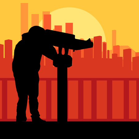 Tourist man looking through coin operated binoculars tower view vector background forest landscapeのイラスト素材