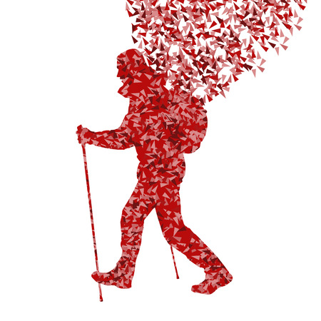 Man hiking adventure nordic walking with poles vector red illustration concept made of triangular fragmentsのイラスト素材