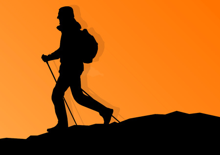 Man hiking in mountains adventure nordic walking with poles in nature vector background illustration landscapeのイラスト素材