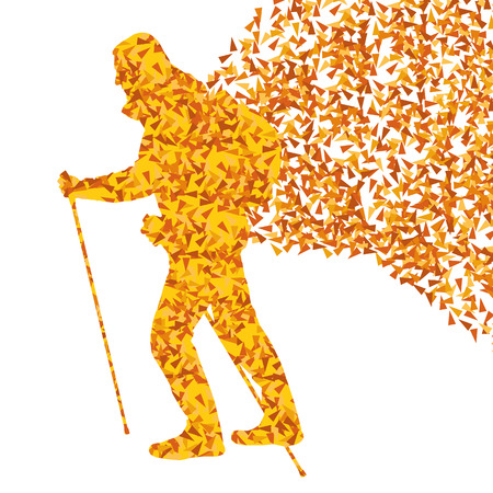 Man hiking adventure nordic walking with poles vector red illustration concept made of triangular fragmentsのイラスト素材