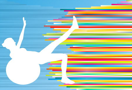 Woman fitness exercises on fitness ball vector abstract illustration striped backgroundのイラスト素材