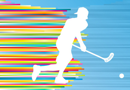 Floorball player man silhouette hockey with stick and ball illustration vector colorful concept with blue background and colorful stripesのイラスト素材