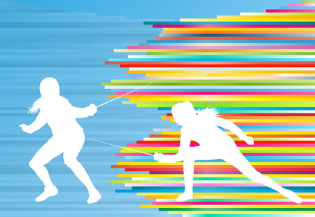 Fencing sport woman training with sword vector abstract background illustration with colorful stripesのイラスト素材
