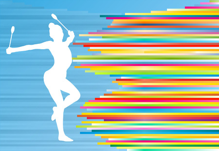 Female gymnast posing with Indian clubs vector background concept illustration with colorful stripes on blueのイラスト素材