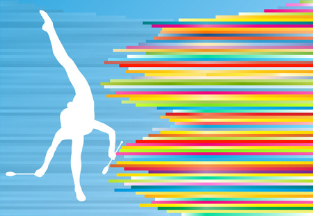Female gymnast posing with Indian clubs vector background concept illustration with colorful stripes on blueのイラスト素材