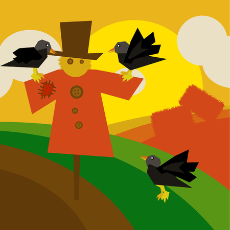 Countryside background illustration with cultivated land fields and scarecrow with black crowsのイラスト素材