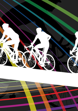 Cyclist active man and woman bicycle riders in abstract sport landscape background illustration vectorのイラスト素材