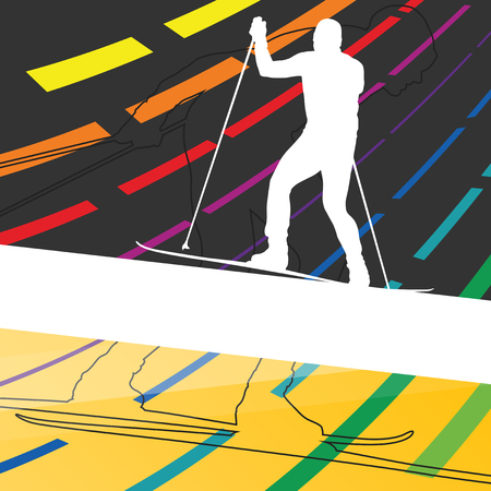 Active young man skiing sport silhouettes in winter abstract line background outdoor illustration vectorのイラスト素材