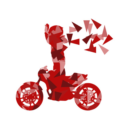 Motorcyclist performed extreme stunts driver vector abstract background illustration made of polygon fragments isolated on whiteのイラスト素材