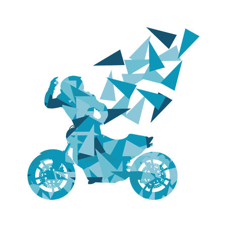 Motorcyclist performed extreme stunts driver vector abstract background illustration made of polygon fragments isolated on whiteのイラスト素材