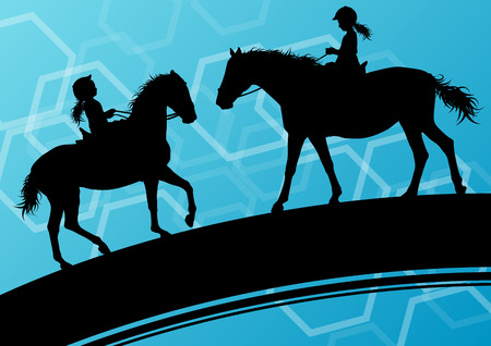 Horses with young children riders healthy active sport vector background conceptのイラスト素材