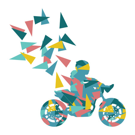 Motorcyclist performed extreme stunts driver vector abstract background illustration made of polygon fragments isolated on whiteのイラスト素材