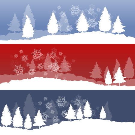 Christmas background with winter white snowy fir trees and falling snowflakes vectorのイラスト素材