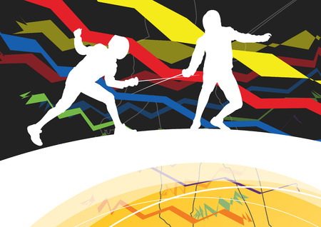 Active men and women fencing sport silhouettes in abstract line background illustration vectorのイラスト素材