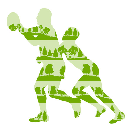 Rugby player silhouette vector abstract background made of forest trees fragments isolated on whiteのイラスト素材