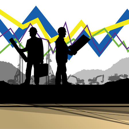 Economics data chart and engineers silhouettes and mobile phone telecommunications radio tower base station with in abstract background vector illustrationのイラスト素材