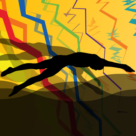 Swimmers diving and swimming in water sport pool silhouettes vector abstract background illustrationのイラスト素材