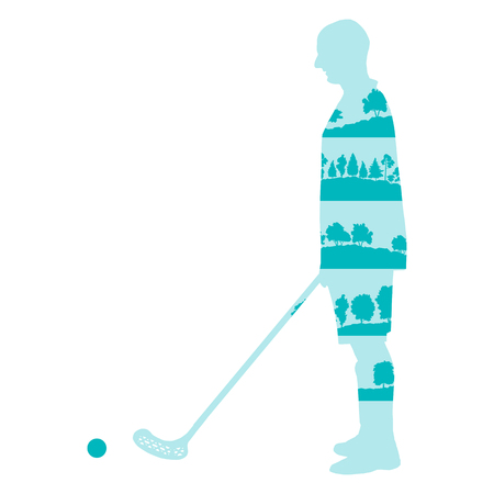 Floorball player man vector background illustration concept made of forest trees fragments isolated on whiteのイラスト素材