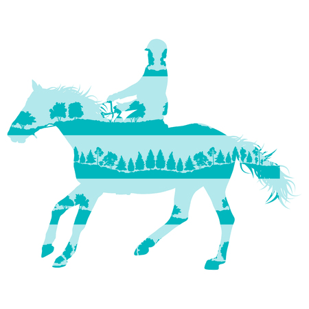 Rider and horse equestrian sport vector background concept made of forest trees fragments isolated on whiteのイラスト素材