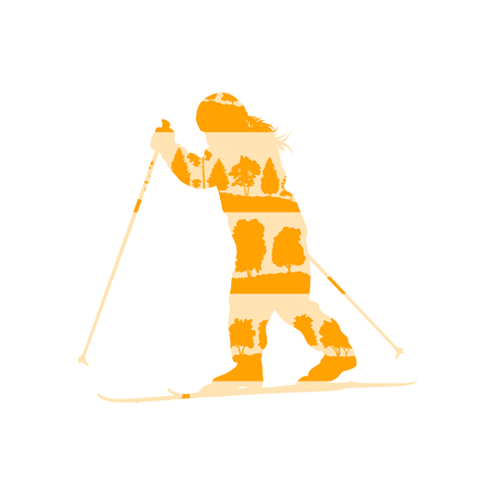 Children cross country skiing concept of little boy made of forest trees fragments isolated on whiteのイラスト素材