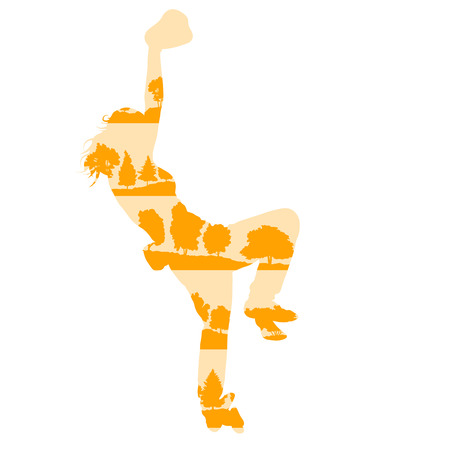 Woman rock climber vector background concept made of forest trees fragments isolated on whiteのイラスト素材