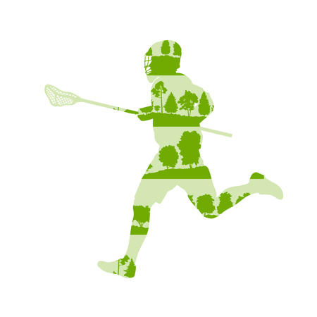 Lacrosse player in game vector background illustration concept made of forest trees fragments isolated on whiteのイラスト素材