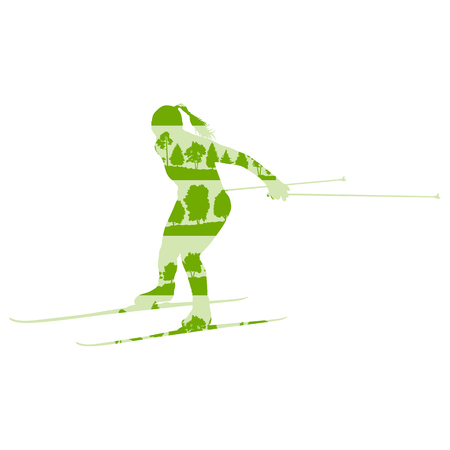 Woman cross country skiing vector background abstract concept made of forest trees fragments isolated on whiteのイラスト素材
