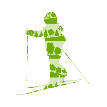 Children cross country skiing concept of little boy made of forest trees fragments isolated on whiteのイラスト素材