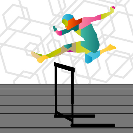 Active young men sport athletics hurdles barrier running silhouettes abstract background illustrationのイラスト素材
