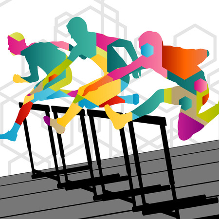 Active young men sport athletics hurdles barrier running silhouettes abstract background illustrationのイラスト素材