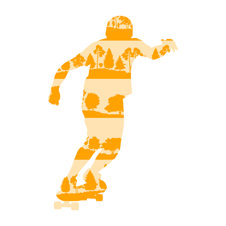 Skateboarder boy with helmet vector background concept made with forest trees fragments isolated on whiteのイラスト素材