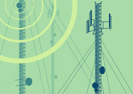 Telecommunication tower with television antennas and satellite dish vector background with illustrative abstract wireless signalのイラスト素材