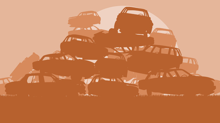 Cars in salvage junkyard in evening with sunset vector backgroundのイラスト素材