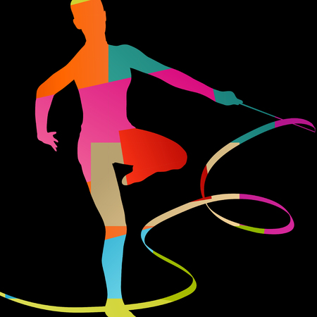 Girl calisthenics sport gymnast silhouette acrobatics flying ribbon abstract background illustration vectorのイラスト素材