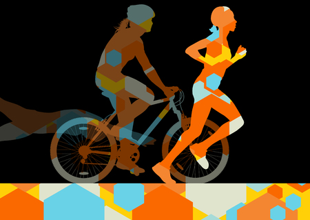 Triathlon marathon active young women swimming cycling and running sport silhouettes in abstract comb cell illustration background vectorのイラスト素材