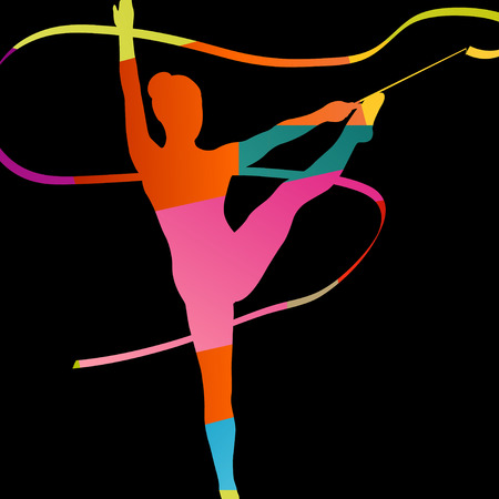 Girl calisthenics sport gymnast silhouette acrobatics flying ribbon abstract background illustration vectorのイラスト素材