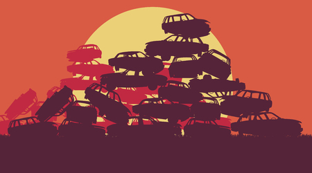 Cars in salvage junkyard in evening with sunset vector backgroundのイラスト素材
