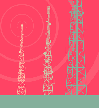 Telecommunication tower with television antennas and satellite dish vector background with illustrative abstract wireless signalのイラスト素材