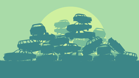 Cars in salvage junkyard in evening with sunset vector backgroundのイラスト素材