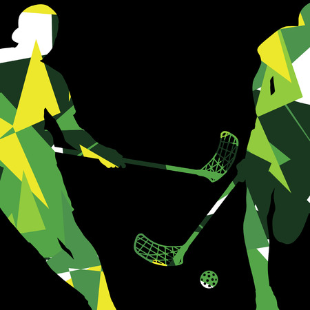 Floorball players silhouettes active and healthy sport vector abstract mosaic background illustrationのイラスト素材