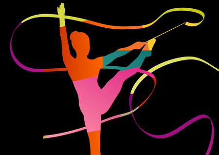 Girl calisthenics sport gymnast silhouette acrobatics flying ribbon abstract background illustration vectorのイラスト素材
