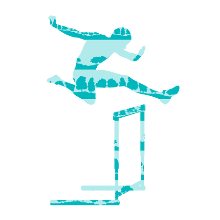 Hurdler in race vector background concept made of forest trees fragments isolated on whiteのイラスト素材