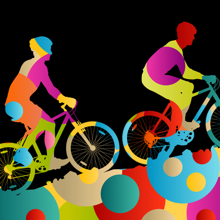Cyclist active man bicycle riders in abstract sport landscape circle background illustration vectorのイラスト素材