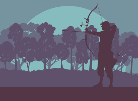 Archer man with bow outdoor training in front of forest trees vector background sunsetのイラスト素材