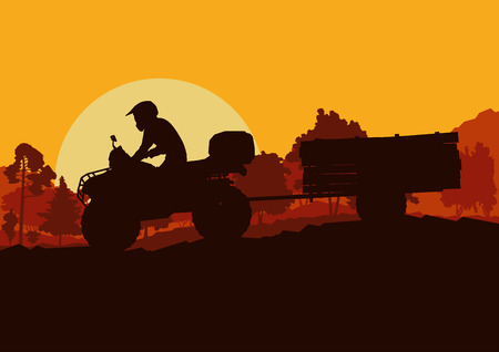 All terrain vehicle driver towing trailer with logs landscape outdoor activity vector backgroundのイラスト素材
